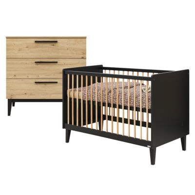 ToiToiKids Ledikant 60 x 120 / Commode 3 Laden Xem Mat Zwart/Eiken