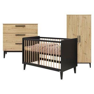 ToiToiKids Ledikant 60 x 120 / Commode 3 Laden / Hanglegkast 2 Deurs Xem Mat Zwart/Eiken